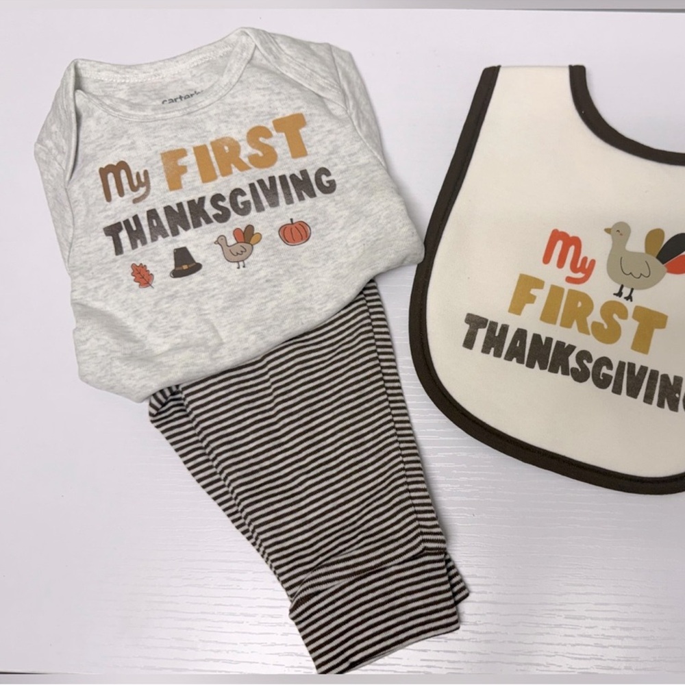 New! Carter's My First Thanksgiving 3-piece set, bodysuit, pants, & bib, 6 month - Picture 2 of 6